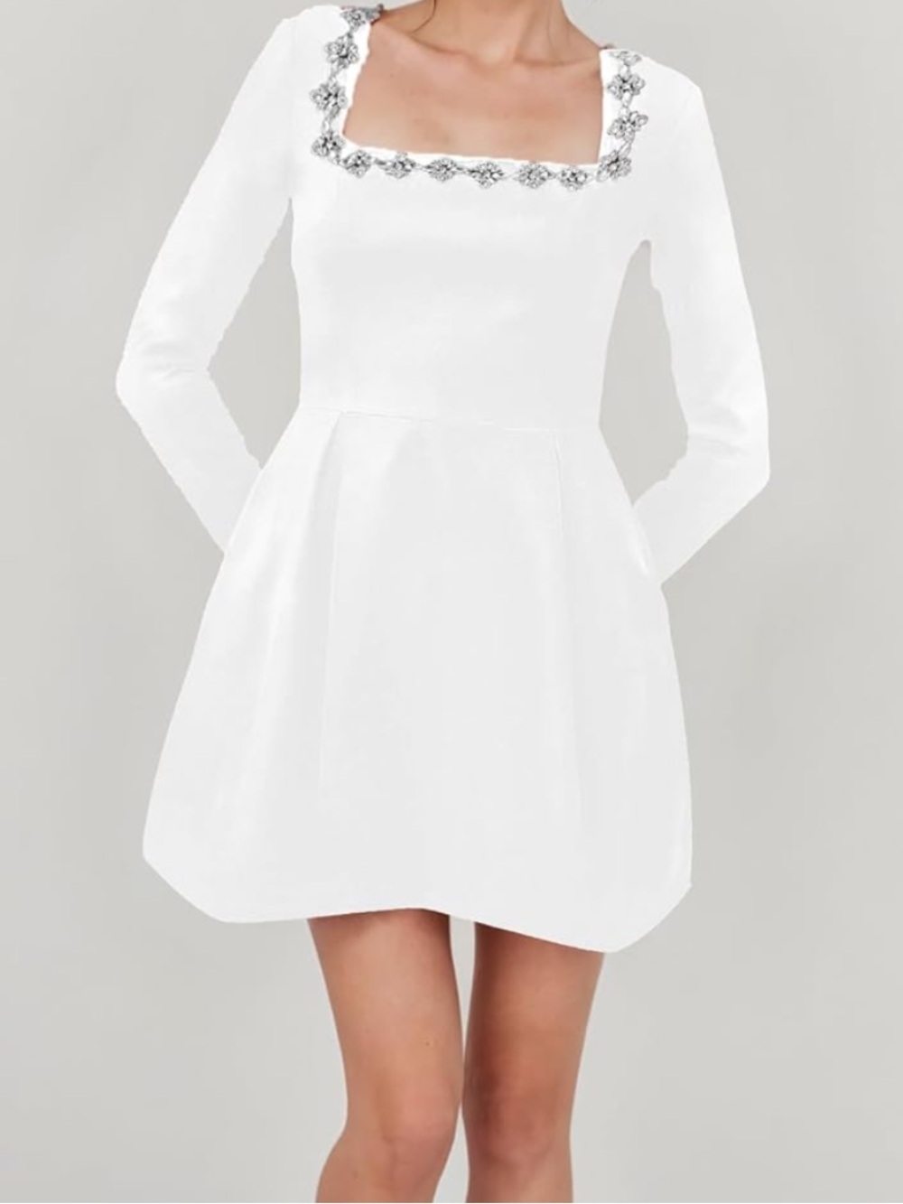 Embellished Square Neck White Long-Sleeve Dress